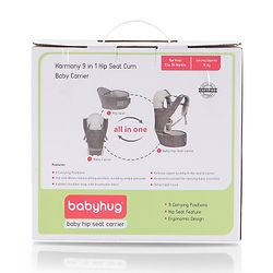 Babyhug Harmony 9-in-1 Ergonomic Baby Carrier with Hip Seat - Denim| Breathable Mesh Fabric| Detachable Hood| Soft Padded Straps| Storage Pocket| 9 carrying positions for babies up to 15 kg| 3 months+