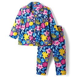 Babyhug Cotton Knit Full Sleeves Co-ords Night Suit With Floral Print - Navy Blue