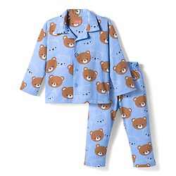 Babyhug Cotton Knit Full Sleeves Co-ords Night Suit With Animal Print - Blue