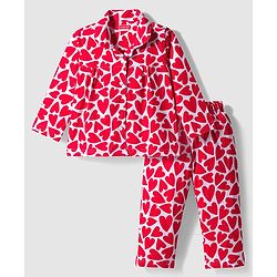 Babyhug 100% Cotton Knit Full Sleeves Co-ords Night Suit With Heart Print - Red & White