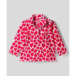 Babyhug 100% Cotton Knit Full Sleeves Co-ords Night Suit With Heart Print - Red & White