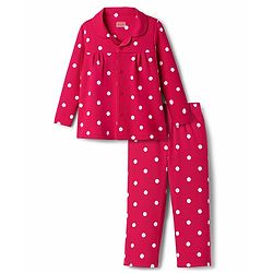 Babyhug Cotton Knit Full Sleeves Co-ord Night Suit With Polka Dot Print - Dark Pink