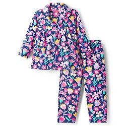 Babyhug Cotton Knit Full Sleeves Co-ord Night Suit With Floral Print - Navy Blue