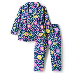 Babyhug Cotton Knit Full Sleeves Co-ord Night Suit With Floral Print - Navy Blue