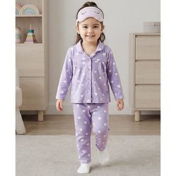 Babyhug Cotton Knit Full Sleeves Co-ords Night Suit With Heart Print - Purple