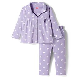 Babyhug Cotton Knit Full Sleeves Co-ords Night Suit With Heart Print - Purple