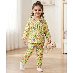 Babyhug Cotton Knit Full Sleeves Co-ords Night Suit With Floral Print - Yellow