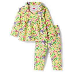 Babyhug Cotton Knit Full Sleeves Co-ords Night Suit With Floral Print - Yellow