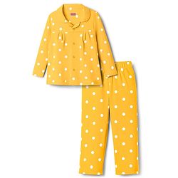 Babyhug Cotton Knit Full Sleeves Co-ord Night Suit With Polka Dot Print - Yellow