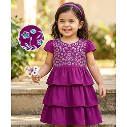 Babyhug Cotton Woven Half Cap Sleeves Layered Frock with Floral Embroidery - Wine
