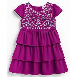Babyhug Cotton Woven Half Cap Sleeves Layered Frock with Floral Embroidery - Wine