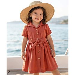 Babyhug Woven Half Sleeves Solid Denim Shirt Dress - Rust