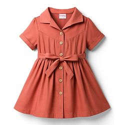 Babyhug Woven Half Sleeves Solid Denim Shirt Dress - Rust