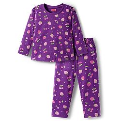 Babyhug Cotton Knit Full Sleeves Co-ords Night Suit With Tropical Theme Print - Purple