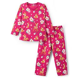Babyhug Cotton Knit Full Sleeves Co-ords Night Suit With Floral Print - Dark Pink