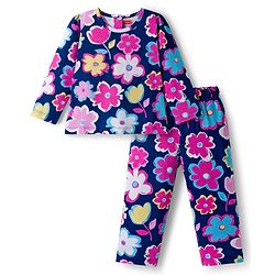 Babyhug Cotton Knit Full Sleeves Co-ords Night Suit Wth Floral Print - Navy Blue