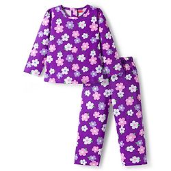 Babyhug Cotton Knit Full Sleeves Co-ords  Night Suit With Floral Print - Purple