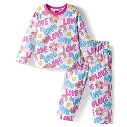 Babyhug Cotton Knit Full Sleeves Co-ords Night Suit With  Text Print - White