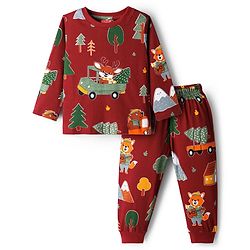 Babyhug Cotton Knit Full Sleeves Co-ords Night Suit With Vehicle Print - Marroon