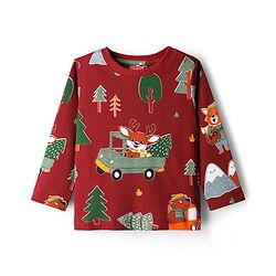 Babyhug Cotton Knit Full Sleeves Co-ords Night Suit With Vehicle Print - Marroon