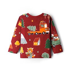 Babyhug Cotton Knit Full Sleeves Co-ords Night Suit With Vehicle Print - Marroon