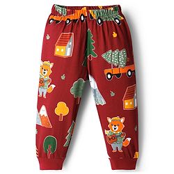 Babyhug Cotton Knit Full Sleeves Co-ords Night Suit With Vehicle Print - Marroon