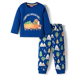 Babyhug Cotton Knit Full Sleeves Night Suit With Animal Print - Royal Blue