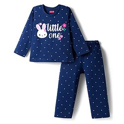 Babyhug Cotton Knit Full Sleeves Night Suit With Animal Print - Navy Blue