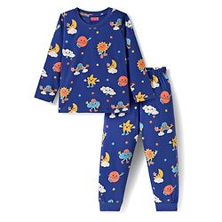 Babyhug Cotton Knit Full Sleeves Co-ords Night Suit With Clouds Print - Blue