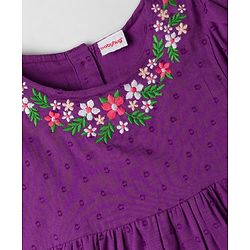 Babyhug Cotton Woven Half Puffed Sleeves Tiered Frock with Floral Embroidery - Purple