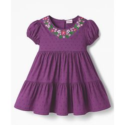 Babyhug Cotton Woven Half Puffed Sleeves Tiered Frock with Floral Embroidery - Purple