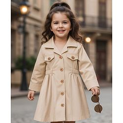 Babyhug Twill Woven Full Sleeves Solid Color Shirt Dress - Beige