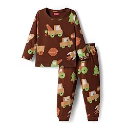 Babyhug Cotton Knit Full Sleeves Co-ords Night Suit With Vehicle Print - Brown