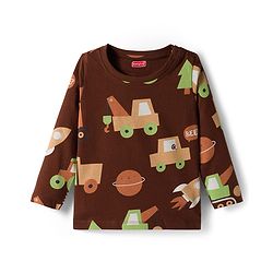 Babyhug Cotton Knit Full Sleeves Co-ords Night Suit With Vehicle Print - Brown