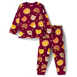 Babyhug Cotton Knit Full Sleeves Co-ords Night Suit With Animal Print - Maroon