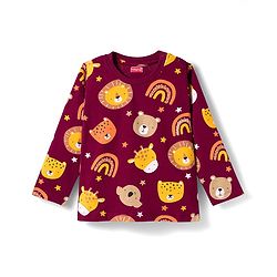 Babyhug Cotton Knit Full Sleeves Co-ords Night Suit With Animal Print - Maroon