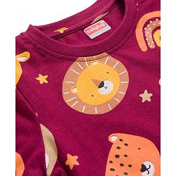 Babyhug Cotton Knit Full Sleeves Co-ords Night Suit With Animal Print - Maroon