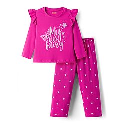 Babyhug Cotton Knit Full Sleeves Night Suit With Text Print - Pink