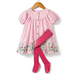 Babyhug Cotton Knit Half Sleeves Frock With Floral Print & Legging - Pink