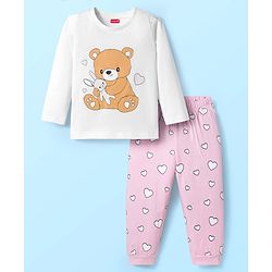 Babyhug Cotton Knit Full Sleeves Night Suit With Animal  Print - Pink & white