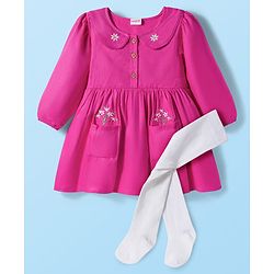 Babyhug Cotton Kit Full Sleeves Frock with Leggings & Floral Embroidery - Violet