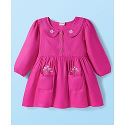 Babyhug Cotton Kit Full Sleeves Frock with Leggings & Floral Embroidery - Violet