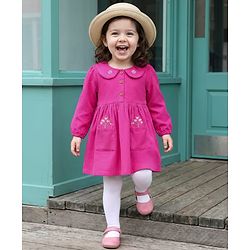 Babyhug Cotton Kit Full Sleeves Frock with Leggings & Floral Embroidery - Violet