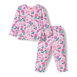 Babyhug Cotton Knit Full Sleeves Co-ords Night Suit With Unicorn Print - Light Pink