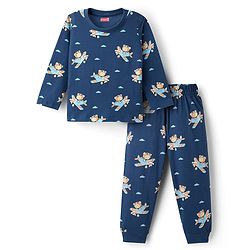 Babyhug Cottton Knit Full Sleeves Night Suit With Marvel Character Print - Navy Blue