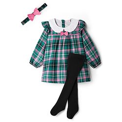 Babyhug Cotton Woven Full Sleeves Checks Frock With Leggings With Headband - Green
