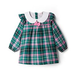 Babyhug Cotton Woven Full Sleeves Checks Frock With Leggings With Headband - Green