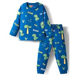 Babyhug Cotton Knit Full Sleeves Co-ords Night Suit With Dino Print - Light Blue
