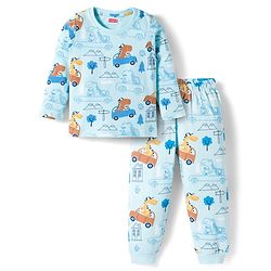 Babyhug Cotton Knit Full Sleeves Co-ords Night Suit With Vehicle Print - Light Blue