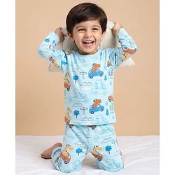 Babyhug Cotton Knit Full Sleeves Co-ords Night Suit With Vehicle Print - Light Blue